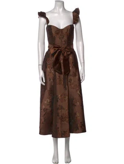 Pre-owned V. Chapman Floral Print Midi Length Dress In Brown