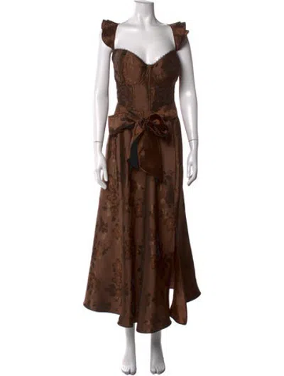 Pre-owned V. Chapman Floral Print Midi Length Dress In Brown
