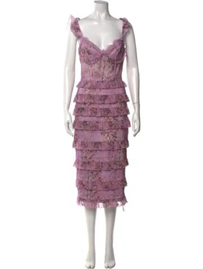 Pre-owned V. Chapman Floral Print Midi Length Dress In Purple