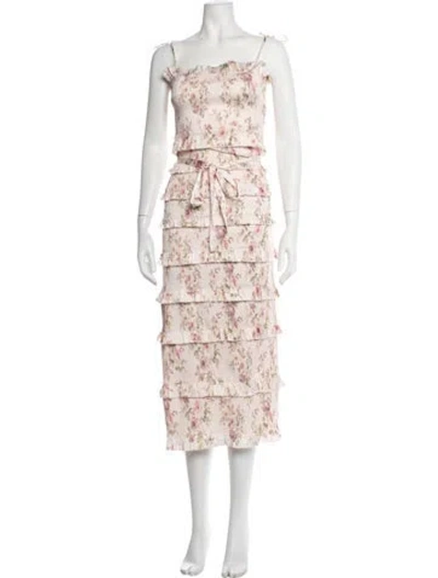 Pre-owned V. Chapman Floral Print Midi Length Dress W/ Tags In Green/pink