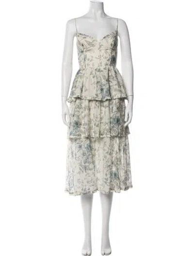 Pre-owned V. Chapman Floral Print Midi Length Dress In White
