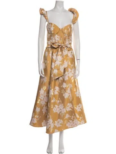 Pre-owned V. Chapman Floral Print Midi Length Dress In Yellow