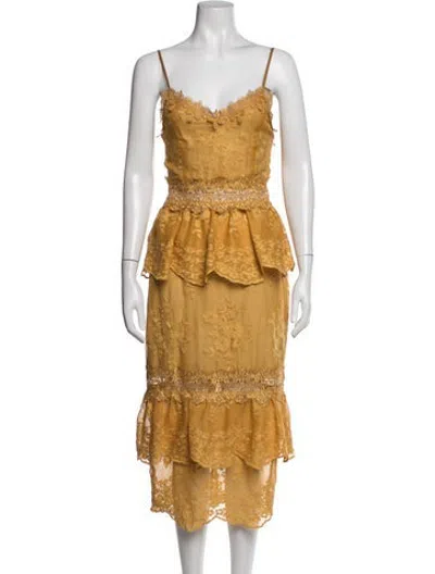 Pre-owned V. Chapman Floral Print Midi Length Dress In Yellow