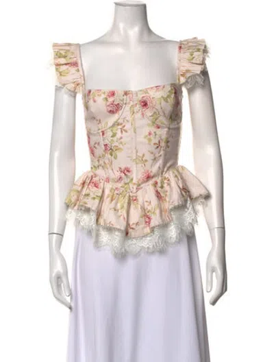 Pre-owned V. Chapman Floral Print Square Neckline Top In White