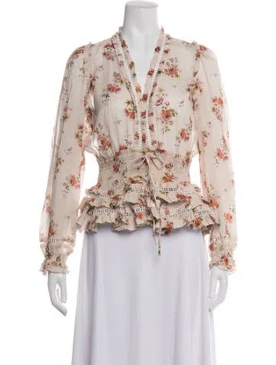 Pre-owned V. Chapman Floral Print V-neck Blouse In Neutrals
