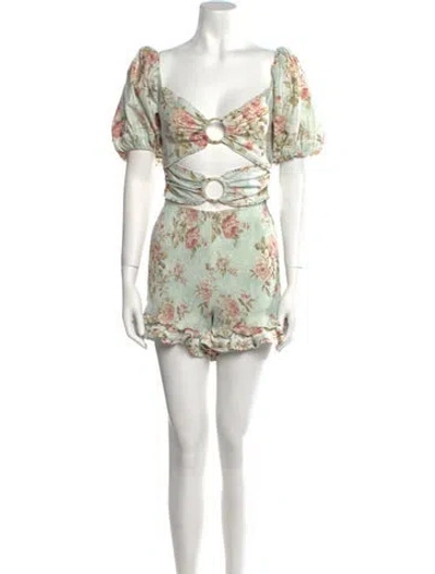 Pre-owned V. Chapman Floral Print V-neck Romper In White