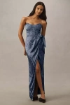 V. Chapman June Printed Corset Front-slit Satin Gown In Blue