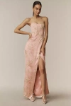 V. Chapman June Printed Corset Front-slit Satin Gown In Pink