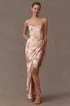 V. Chapman June Printed Corset Front-slit Satin Gown In Pink