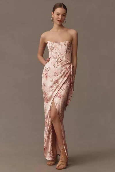 V. Chapman June Printed Corset Front-slit Satin Gown In Pink