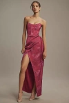 V. Chapman June Printed Corset Front-slit Satin Gown In Purple