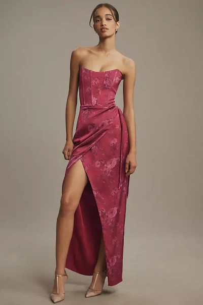 V. Chapman June Printed Corset Front-slit Satin Gown In Purple