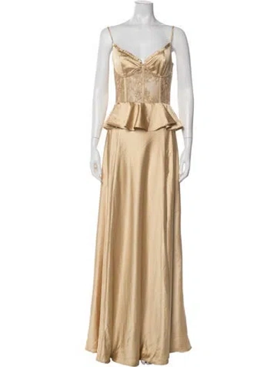 Pre-owned V. Chapman Lace Pattern Long Dress In Gold