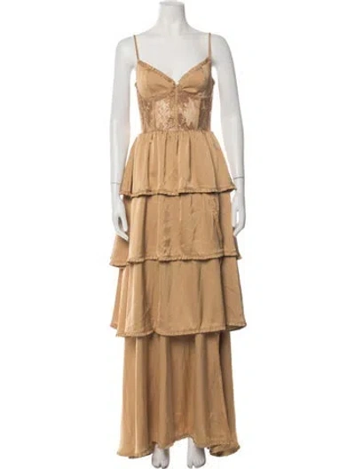Pre-owned V. Chapman Lace Pattern Long Dress In Gold