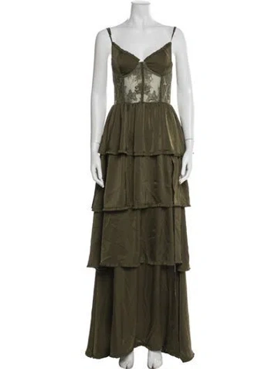 Pre-owned V. Chapman Lace Pattern Long Dress In Green