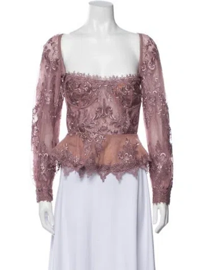 Pre-owned V. Chapman Lace Pattern Square Neckline Blouse In Purple