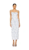 V. Chapman Lily Smocked Floral Print Ruffle Trim Midi Dress In Blue Tapestry Rose