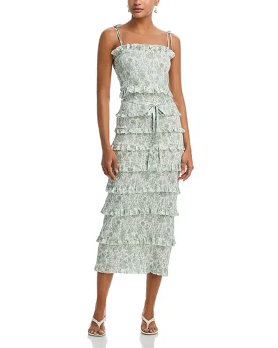 V. Chapman Lily Smocked Floral Print Ruffle Trim Midi Dress In Blue