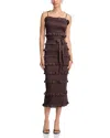 V. Chapman Lily Smocked Floral Print Ruffle Trim Midi Dress In Brown