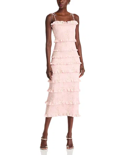 V. Chapman Lily Smocked Floral Print Ruffle Trim Midi Dress In Light Pink Tapestry Rose