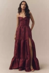V. Chapman Lucetta Beaded Corset Tiered Brocade Maxi Dress In Burgundy