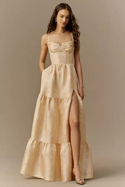 V. Chapman Lucetta Corset Tiered Brocade Maxi Dress In Neutral