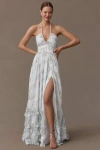 V. Chapman Scarlette Halter Embellished Corset Organza Maxi Dress In Blue