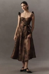 V. Chapman Vera Ruffle-strap Corset Side-slit Midi Dress In Brown