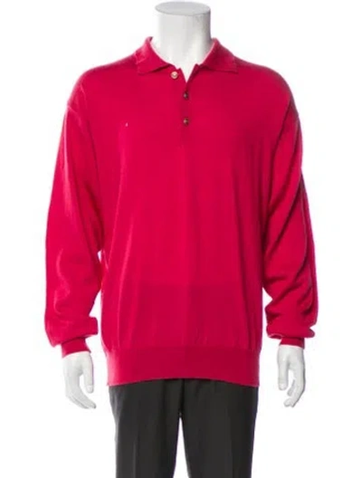 Pre-owned V2 Versace Classic Medusa Insignia Merino Wool Polo Sweater In Pink