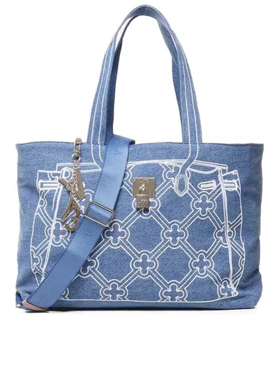V73 Motif-embroidered Denim Shoulder Bag In Blue
