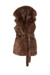 V73 Faux-fur Belted Sleeveless Jacket In Brown