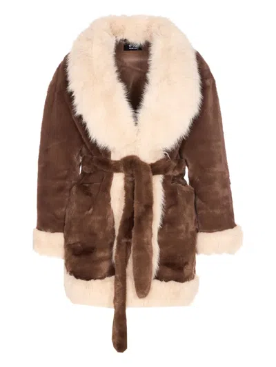 V73 Penny Faux-fur Belted Jacket In Brown