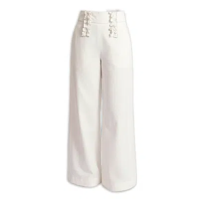Vaai Women's High Waist Cotton Ruffle Trouser In White - The Camille In Neutral