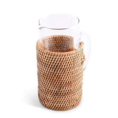 Vagabond House Anchor Glass Pitcher Hand Woven Wicker Natural Rattan Cover In Natural,clear,silver