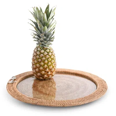 Vagabond House Anchor Round Serving Tray Hand Woven Wicker Rattan - Glass Insert In Brown,clear,silver