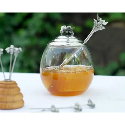 Vagabond House Arche Of Bees Pewter Glass 0.375 Qt. Honeypot With Spoon In Clear,silver