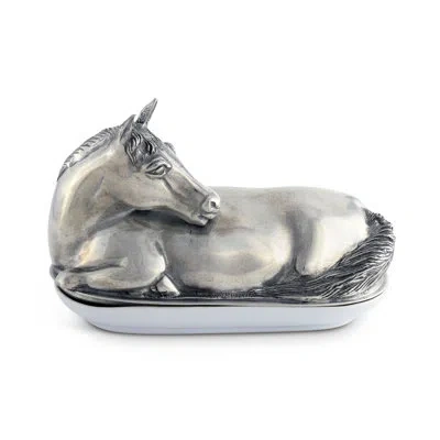 Vagabond House Equestrian Horse Butter Dish In White;gray;silver