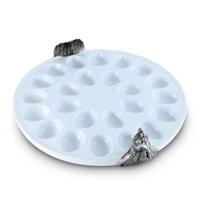 Vagabond House Garden Friends Chicken Deviled Egg Platter In White;silver