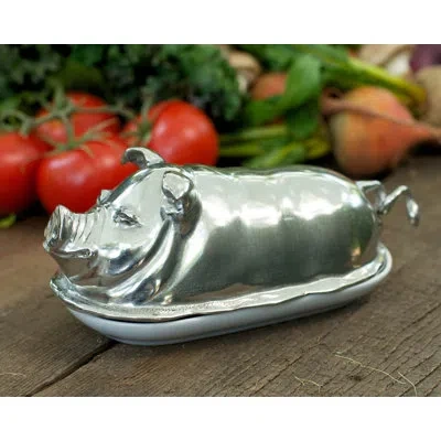 Vagabond House Garden Friends Happy Pig Butter Dish In Silver