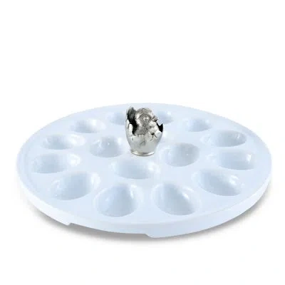 Vagabond House Garden Friends Little Chick Deviled Egg Platter In White;silver
