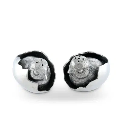 Vagabond House Garden Friends Pewter Chick In Shell Salt And Pepper Shaker Set In Silver