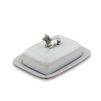 Vagabond House Garden Friends The Cow Butter Dish In White;silver