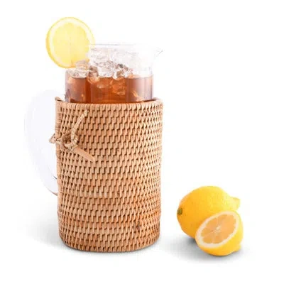Vagabond House Glass Pitcher Hand Woven Wicker Natural Rattan Cover In Natural,clear