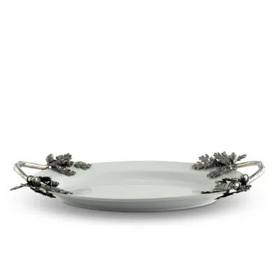 Vagabond House Majestic Forest Pewter Acorn Oak And Leaf Stoneware Serving Tray In White
