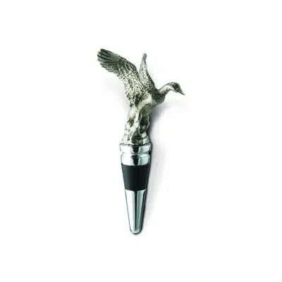Vagabond House Morning Hunt Pewter Flying Duck Bottle Stopper In Silver;green;black