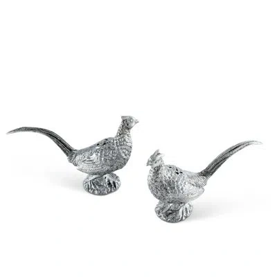 Vagabond House Morning Hunt Pewter Pheasants Salt And Pepper Shaker Set In Silver
