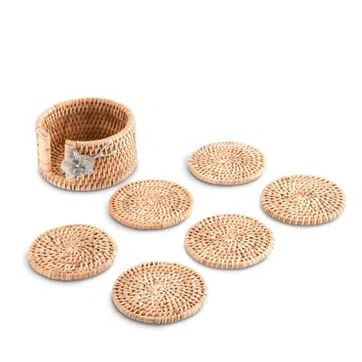 Vagabond House Orchid Hand Woven Wicker Rattan Coaster Set With Holder In Brown