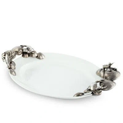 Vagabond House Sea And Shore Pewter Marine Ocean Life Stoneware Serving Tray In White