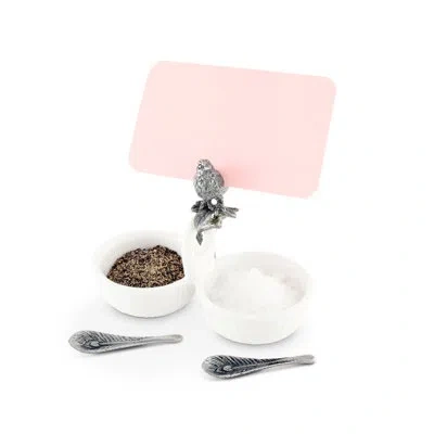 Vagabond House Song Bird Double Salt Cellar With Pewter Feather Spoons In White