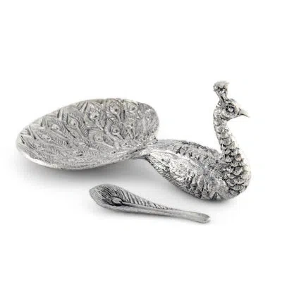 Vagabond House Song Bird Pewter Peacock Salt Cellar With Small Spoon In Silver